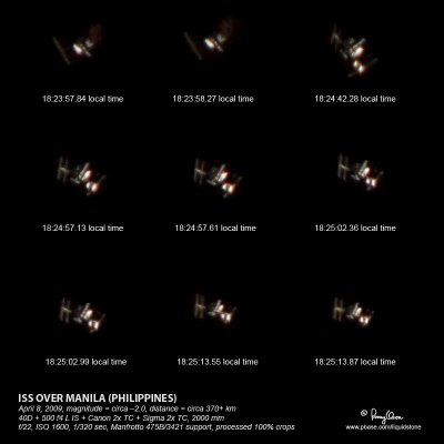 ISS OVER MANILA (PHILIPPINES)
April 8, 2009, magnitude = circa 2.0, distance = circa 370+ km
40D + 500 f4 L IS + Canon 2x TC + Sigma 2x TC, 2000 mm
f/22, ISO 1600, 1/320 sec, Manfrotto 475B/3421 support, processed 100% crops
