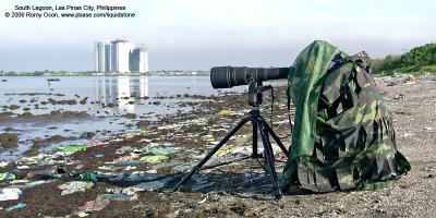 With the morning sun behind my back, I shoot the 20D + Sigmonster at Common Redshanks feeding along the shore. 
A sniper's scarf helps break up the outline of my head. 
To the water birds, I must have looked like an ordinary mound of garbage...lol.