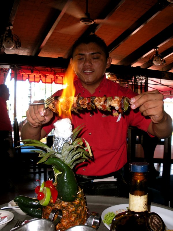 Flaming Shrimp Skewer for Lunch at La Parrilla Restaurant