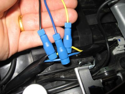 All three wires connected, black to black, yellow to yellow, and blue to blue