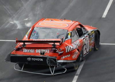 TONY STEWART'S CAR AFTER BEING BRISTOLIZED.   DESPITE THE DAMAGE, STEWART ACTUALLY RETURNED TO THE TRACK AND FINISHED 14th!