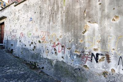 mostar, bullet holes and graffiti