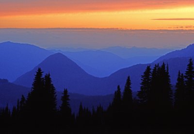 Looking west from Paradise Meadow at Sunset, Mount Rainier National Park, WA