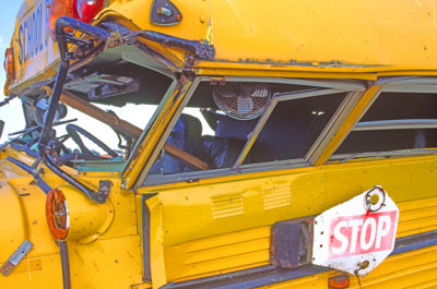 (METE79) Two by four driven through  drivers seat of school bus, Plainfield F5 Tornado, Plainfield, IL