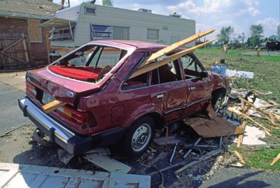 (METE80) Two by fours shot through car, Plainfield F5 Tornado, Plainfield, IL