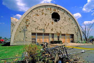 (METE81) Damage from flying objects, St. Mary's Church, Plainfield F5 Tornado, Plainfield, IL