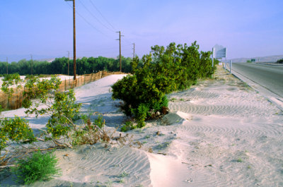 (AR27) Fence and creosote bushes used to block sand from highway, Palm Springs, CA