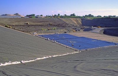 (ENV3) View showing HDPE geomembrane on sides of landfill, Lake County,IL