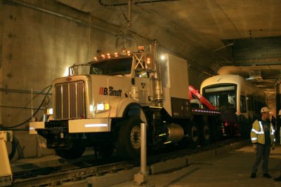 The First train in the Downtown Seattle Transit Tunnel (towed) - January 2008