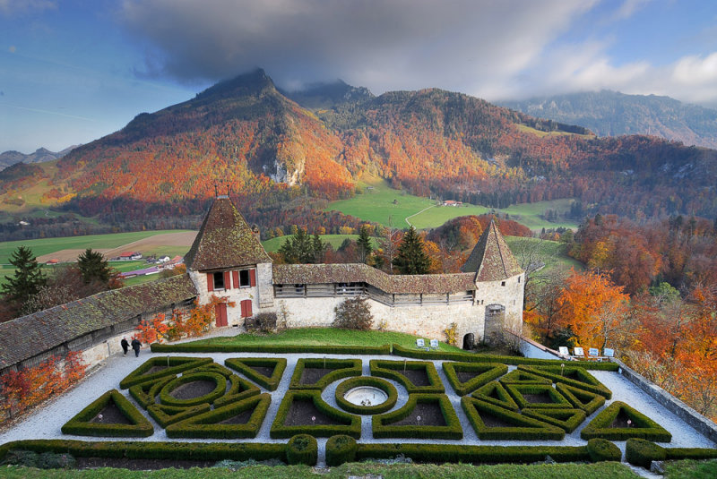 Autumn View over the Gruyeres Chateau Garden