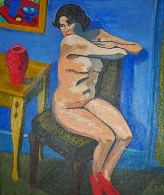 nude with red shoes