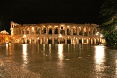 5:00 a.m. View of the Roman Arena after a rainy night (Verona)