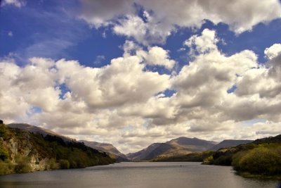 Llyn Padarn with Snowdon to right and Llanberis Pass central