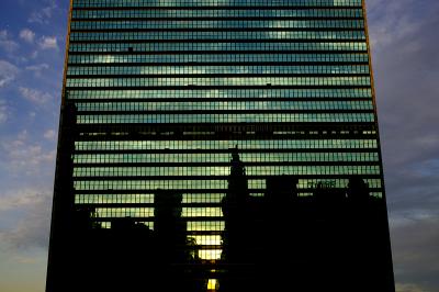 United Nations building at sunset