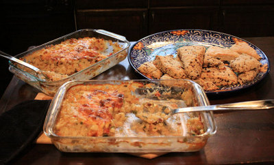 Donna- and Alan-prepared breakfast: Two types of potato-based casseroles, two kinds of scones