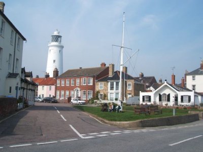 The lighthouse is actually a couple of blocks in the town and not on the beach!