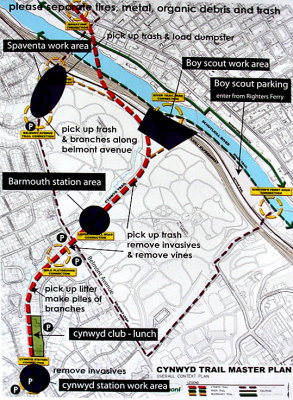 Map of the Cynwyd Trail, with cleanup areas