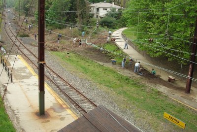Panorama of the Cynwyd Station area, with work under way on Saturday