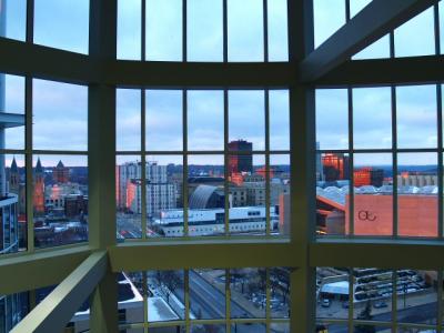Akron at sunset from the inside of the Polymer Science Building