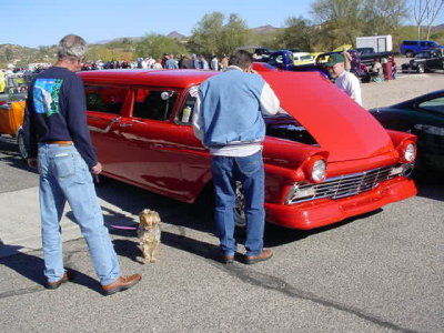 red Ford station wagon