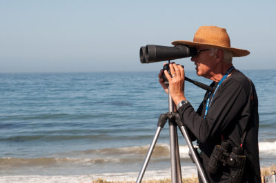 Michael Smith, Gray Whale Count Coordinator watching for whales from Coal Oil Point