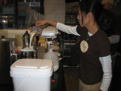 agnes working the chocolate drink machine