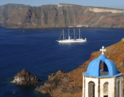 View of 4-Masted Sailing Ship Leaving Oia Port