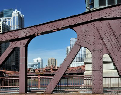 View through one of the bolted steel structures of the river bridges
