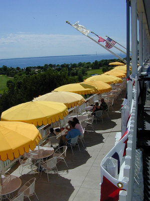 view from porch over lower patio toward MAC bridge