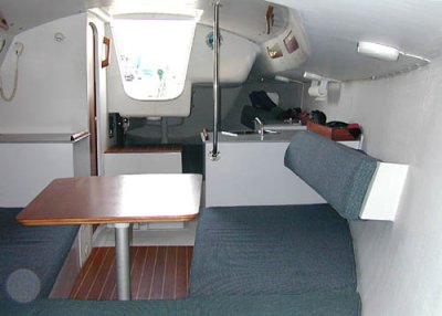 Wylie 30 interior, view aft, head to strbd