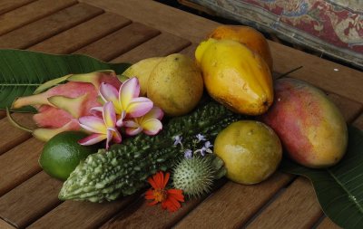 local fruits and flowers.