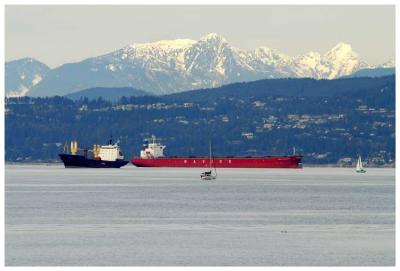 Ships at anchor in Vancouver harbor.