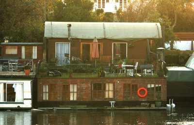 Houseboat, with lots of windows.