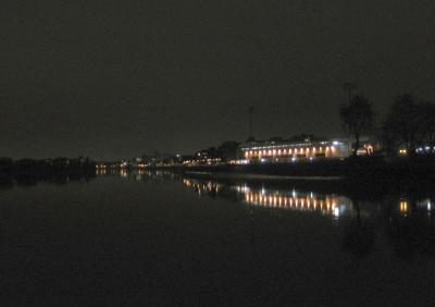 Fulham football ground at night.