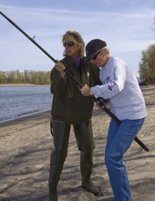 Nancy & Mary reeling in the first fish of the day