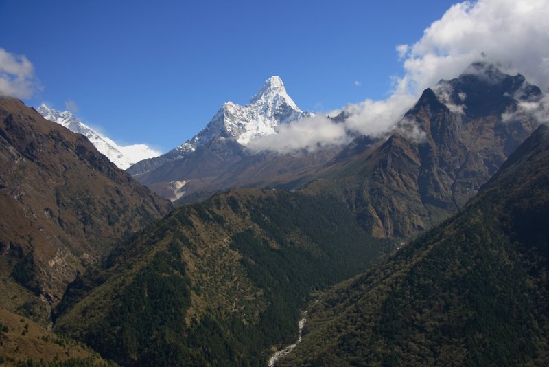Tengboche (on the ridge in the middle) and  Ama  Dablam in  the far distance