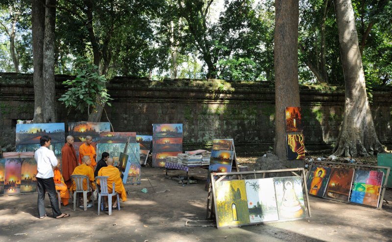 Cambodia. Angkor Thom. Painter and the monks.