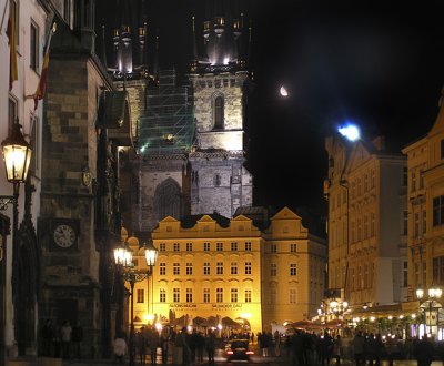Old town square with moon