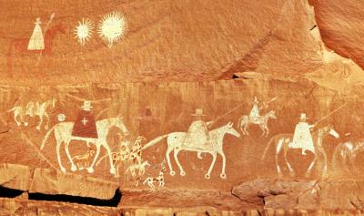 Navajo rock painting of the Spanish Conquistadors in 19th century