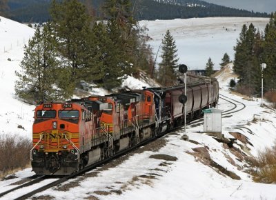 With the eastbound out of the way, the Grain Heavy can now creep down the grade toward Elliston, MT. 04/07/08
