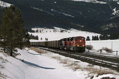 Back up at the top of Mullan Pass, our Coal Empty from Missoula finally arrives. 04/07/08