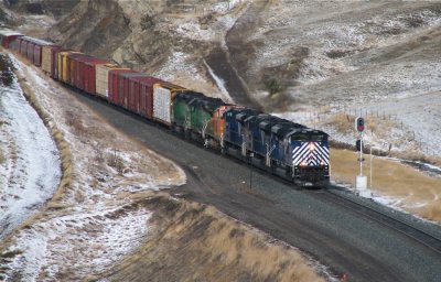 Leaving the snow storm on the west side of the pass, the train coasts down hill towards Livingston, MT. 04/10/08