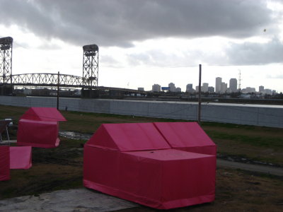 Pink houses project, january 2008, lower 9th ward, shot of the city in background
