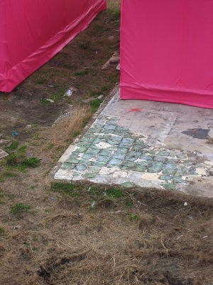 Blue tiles, foundation, pink house