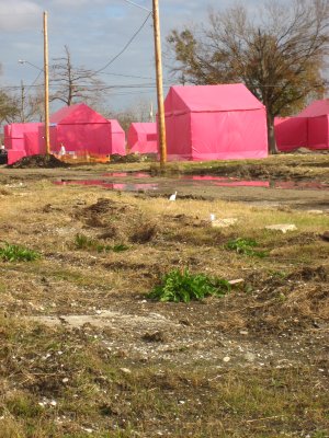 Empty lots, pink houses, new telphone poles