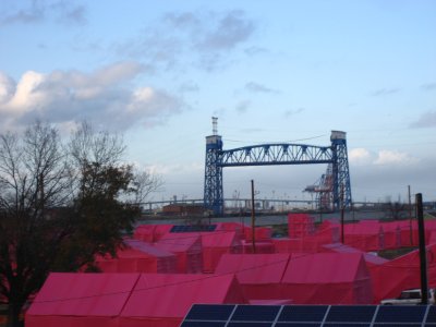 Industrial Canal Bridge, pink roofs