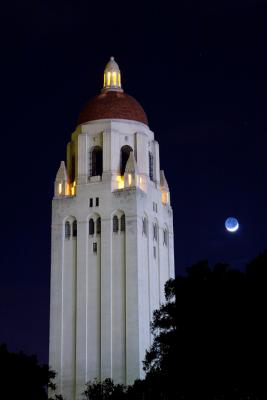 Hoover Tower and Crescent Moon