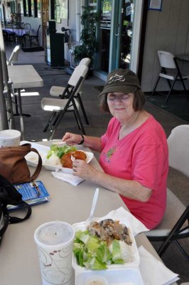 Judy enjoys a plate lunch at the deli