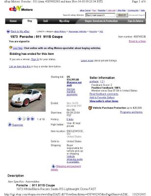 1973 Porsche 911S Coupe eBay $34,000 - Photo 1