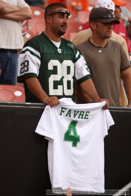 A Jets fan with a Brett Favre jersey T-shirt